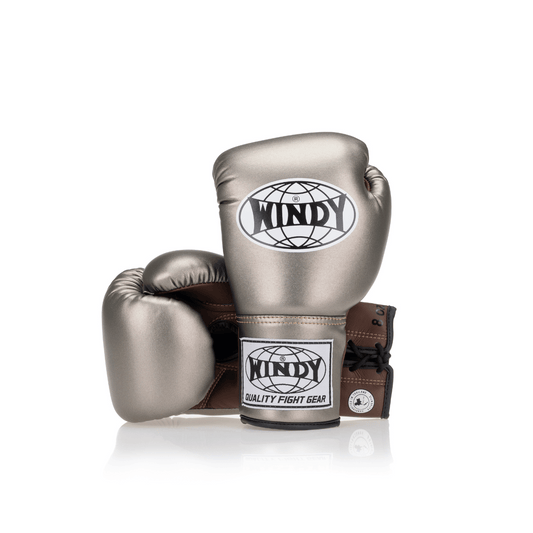 Competition Lace-Up Boxing Glove - Metallic Silver/Brown - Windy Fight Gear B.V.