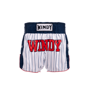 Muay Thai Shorts - Retro 2.0 - Striped White/ Blue/ Red - Windy Fight Gear B.V.