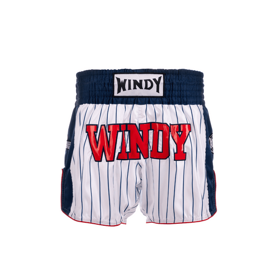 Muay Thai Shorts - Retro 2.0 - Striped White/ Blue/ Red - Windy Fight Gear B.V.